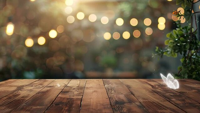 wooden table with blurred restaurant and light at the background. background restaurant restaurant objects. seamless looping overlay 4k virtual video animation background