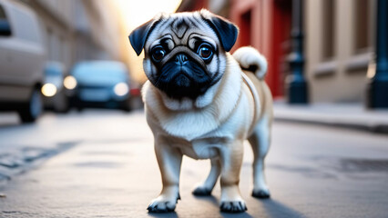 A charming pug dog stands on a city street and looks at the camera - obrazy, fototapety, plakaty