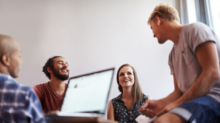 Students, group and laptop with screen, discussion and learning for education and study. People, technology and books with classroom, diversity and conversation for future development or research