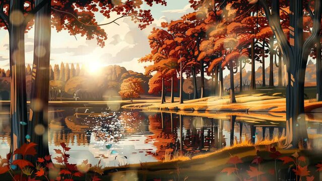 sunset view in a park with a lake and lots of butterflies. spring mood animation. seamless loop 4k resolution footage