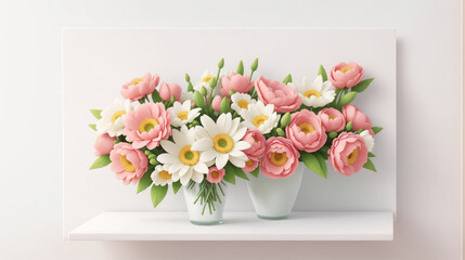 white and pink flowers in mini two vase decor in the room display, white background