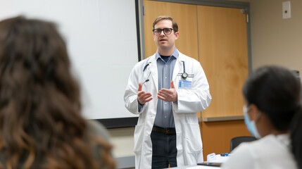 doctor standing in front of a whiteboard in a conference room, giving a presentation about the importance of vaccination in disease prevention, Ai Generated Images