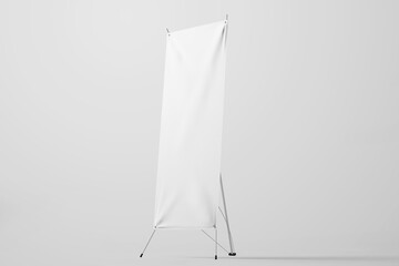 blank vertical standing x banner with textured canvas paper realistic mockup design template promotional presentation element 3d render illustration isolated