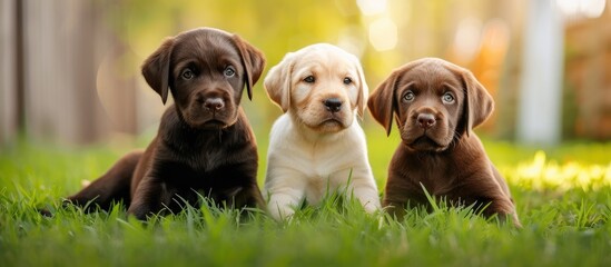 Three adorable Labrador Retriever puppies are sitting together in the lush green grass. The puppies are relaxed and enjoying the outdoor environment.