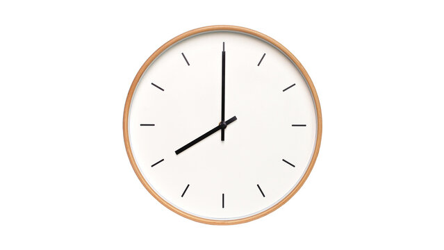 Isolated on white background Minimalist style wooden wall clock, showing time at 8:00.
