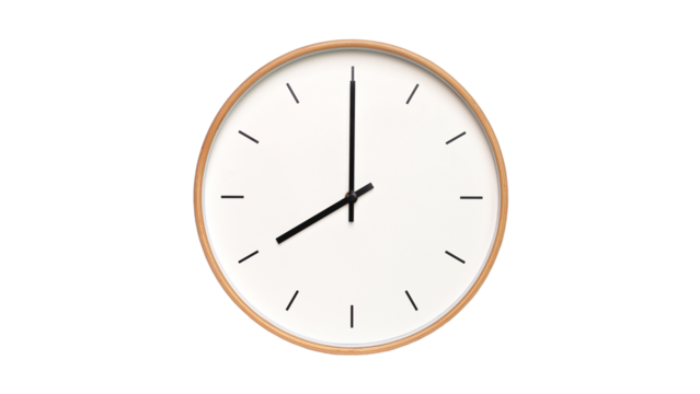 Isolated on white background Minimalist style wooden wall clock, showing time at 8:00.