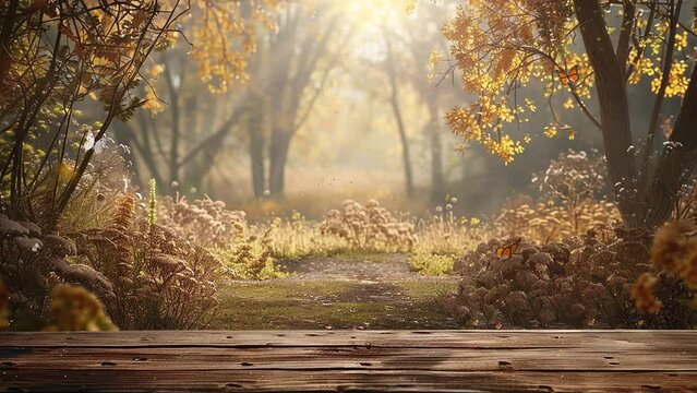 a wooden table and spring forest background. nature background in spring forest. seamless looping overlay 4k virtual video animation background