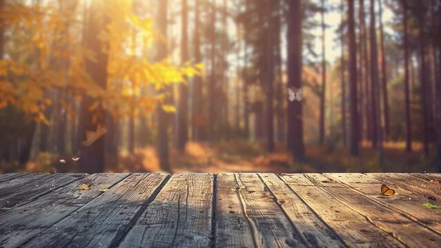 a wooden table and spring forest background. seamless looping overlay 4k virtual video animation background