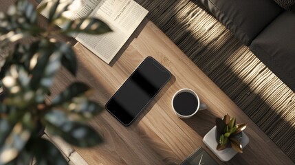 iphone on table, mock up, boho decor, cozy interior.