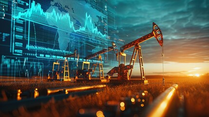  Rise in gasoline prices concept with double exposure of digital screen with financial chart graphs and oil pumps on a field. Digital screen and oil pumps symbolize rising fuel costs.