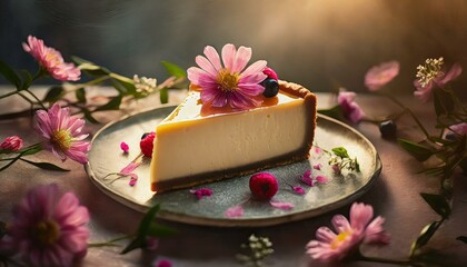 Obraz na płótnie Canvas Cheesecake with floral decoration
