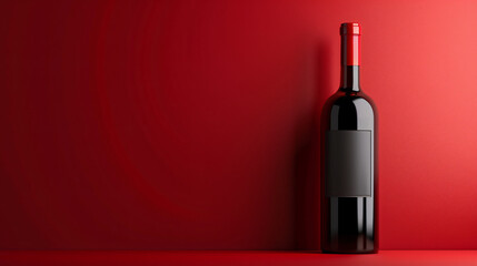 red wine bottle with blank black label mock up isolated on red background, concept design in product development
