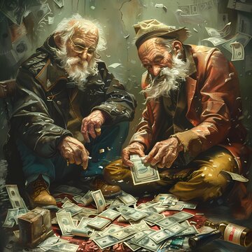 Two bearded veterans count scant cash in a desolate setting, a stark depiction of the wealth divide. Their companionship contrasts with their financial plight, telling a story of unity and hardship