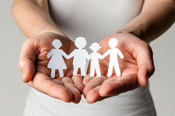 Fototapeta na wymiar Paper cut-out of a family held in hands isolated on a white background