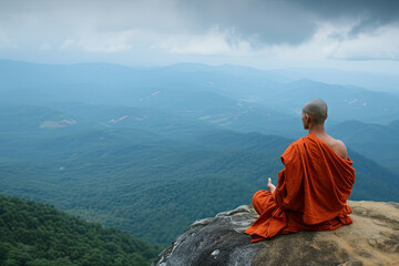 A monk meditating on top of a mountain, symbolizing the purification of the mind - obrazy, fototapety, plakaty