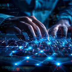 A user navigates a sophisticated cyber network, with hands engaging vividly illuminated connection nodes against a backdrop of digital data streams. This scene showcases the dynamic interface of