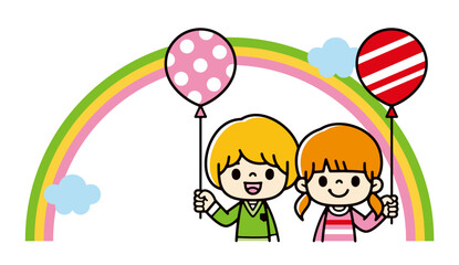 Obraz na płótnie Canvas Illustration of cute children holding balloons in front of a rainbow