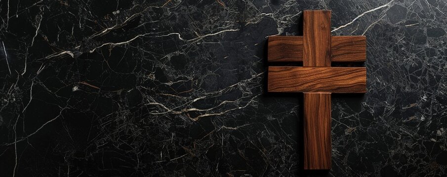 Easter wooden cross on black marble background religion abstract palm sunday concept