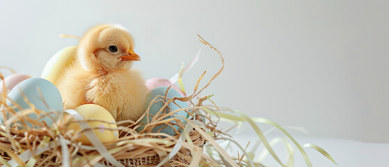 Naklejka na ściany i meble An Easter basket with a chick with colorful easter eggs on white background, 