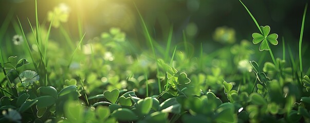 Green background with three-leaved shamrocks, Lucky Irish Four Leaf Clover in the Field for St....