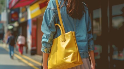 Young woman with yellow bag in the city. Blurred background. Fashion concept