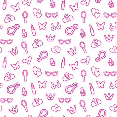 seamless, pink pattern. Pattern with contour details for a girl. Shoes, lipstick, earrings, glasses, jewelry, heart. Print on textiles, paper, banner. art vector illustration.  barbie style