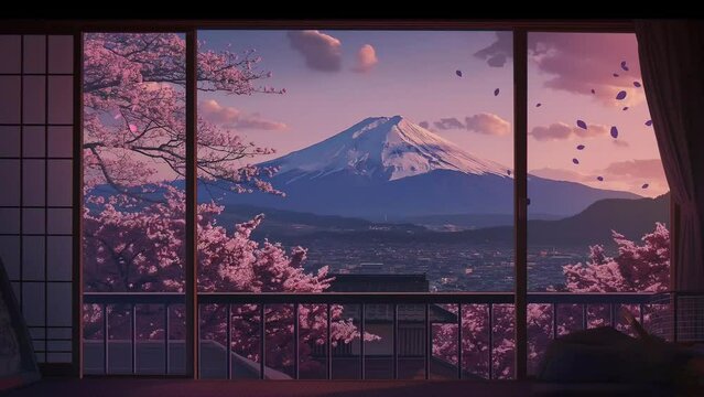 Japan house at spring with view mount fuji. seamless looping 4k time-lapse animation video background