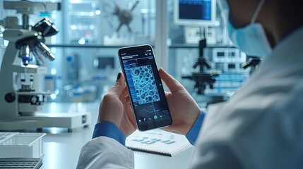 Naklejka na ściany i meble Medical-scientist in laboratory. Phone screen with test results for drugs, virus and bacteria in laboratory. Phone screen shows intricate details of virus test findings.