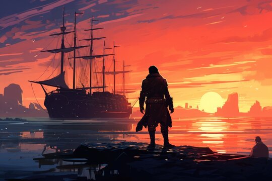 a warrior standing at the abandoned port and looking at the broken giant sword, digital art