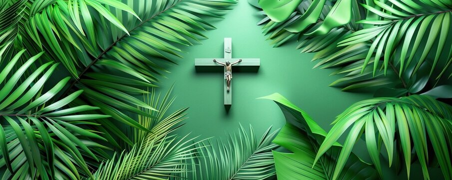 Palm cross and palm leaves. Palm sunday and easter day concept.