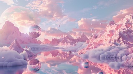 A surreal alien mountain landscape in trendy pastel pink and blue colors. A space planet or a fantasy world