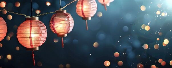 Paper red-white asian japanese chinese lanterns chochin akachochin shines on dark sky. A garland of paper lanterns glows at night.