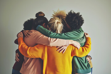 Rear view of a diverse group of people embracing each other - Representing support, help, and youth community concept