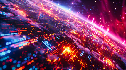 Obraz premium Futuristic City in Neon Lights, Abstract Technology Background, Concept of Modern Urban Life and Digital Network