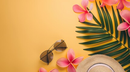 Flat lay summer background with palm leaf, sunglasses and frangipani flowers 