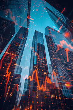 Concept of real estate, development, and investing represented with financial chart indicators and stock market graphs on city skyscrapers tops bottom view, double exposure