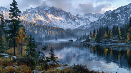 Serene Lake in Mountainous Landscape, Travel and Natures Beauty Reflected in Water, Scenic View of Forest and Peaks, Tranquil Tourism and Vacation Spot