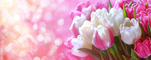 Spring flowers. Women's day background. Bouquet of white and pink tulips. Present gift for Mother's day. Space