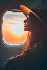 Fototapeta na wymiar A tourist woman in an airplane or airport, symbolizing Travel addicted concept with a female enjoying vacation - Travel, holidays, and love concept