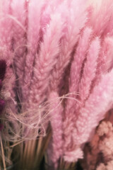 A closeup of pink floral and feather decor