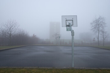 Basketball Court on Misty Morning