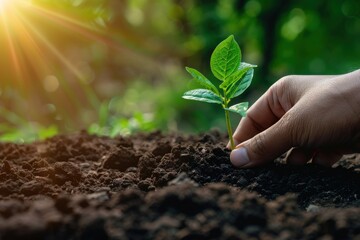 Hand planting a young tree in fertile soil, symbolizing reforestation and carbon offset, close-up with natural sunlight, sustainability and growth theme - obrazy, fototapety, plakaty