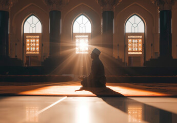 Silhouette of Indonesian Muslim man meditating in the mosque - obrazy, fototapety, plakaty