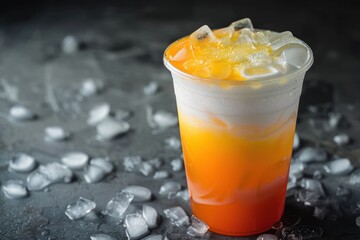 Detailed photograph of a Thai Iced Tea, bright orange color, creamy layer on top, served with ice