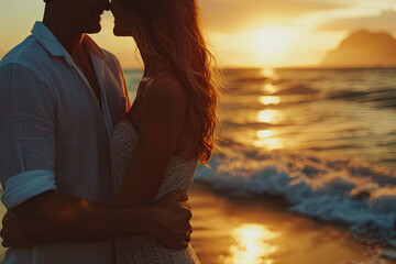 A honeymoon couple romantically in love at a beach during sunset