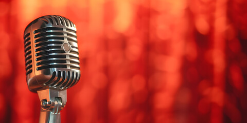 old retro vintage microphone on red curtain bokeh background 
