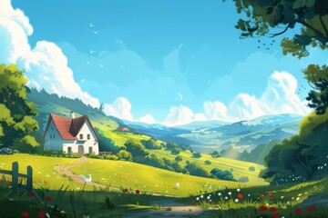 detailed painting of a charming cottage bathed in warm sunlight, standing amidst a field of wildflowers - obrazy, fototapety, plakaty