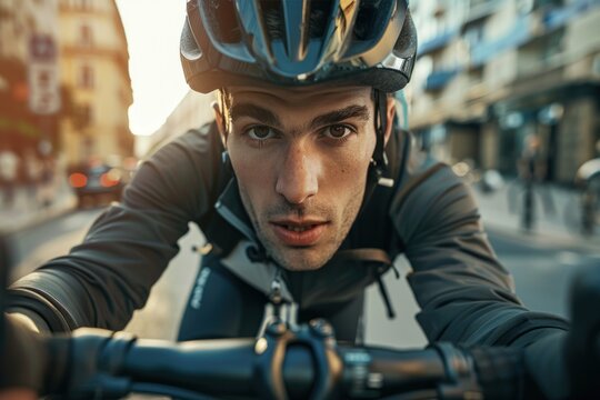 Close-up of a cyclist navigating through the bustling city streets, focus on the determination in their eyes, urban adventure
