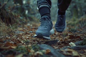 close-up of Fitness lifestyle, close-up of running shoes on a forest trail, action shot capturing movement and determination, natural surroundings 