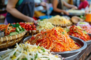 Detailed image of a Thai Som Tam (Papaya Salad), bright colors and fresh ingredients, authentic street food 